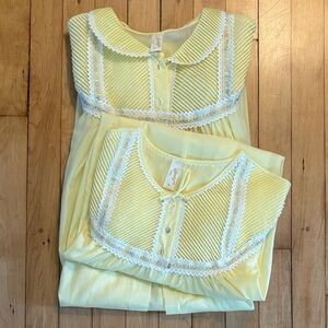Vintage 70’s Yellow Button-Up Nightgown and Robe with Lace Trim
